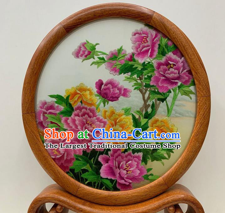 Chinese Traditional Embroidery Peony Desk Decoration Suzhou Embroidered Table Screen Handmade Palisander Craft