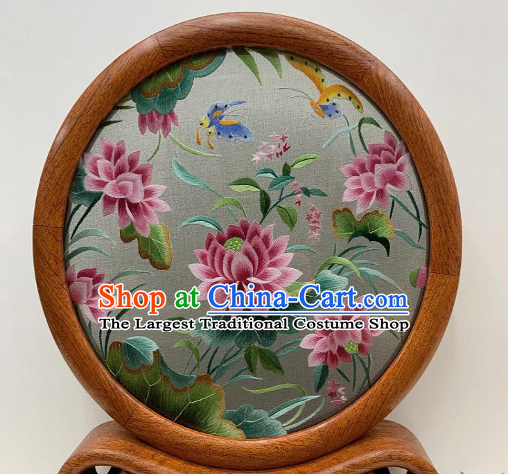 Chinese Traditional Embroidery Lotus Desk Decoration Handmade Palisander Craft Suzhou Embroidered Table Screen