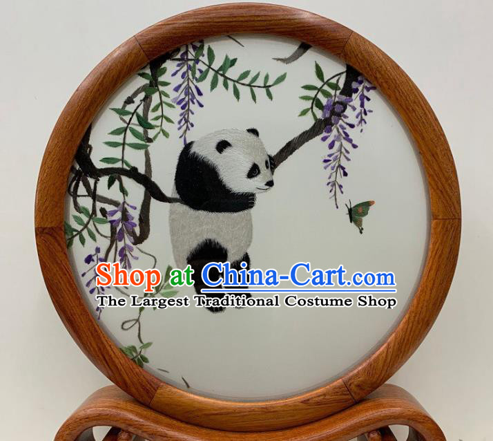Chinese Handmade Palisander Desk Decoration Traditional Embroidery Double Side Craft Embroidered Wisteria Panda Table Screen