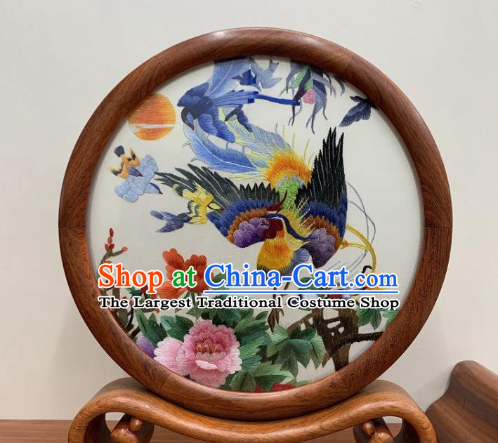 Chinese Embroidered Phoenix Peony Table Screen Handmade Palisander Desk Decoration Traditional Embroidery Double Side Craft