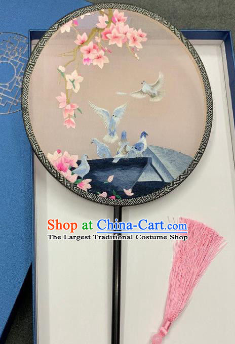 China Handmade Embroidered Pigeon Palace Fan Classical Hanfu Circular Fan Traditional Double Side Embroidery Silk Fan
