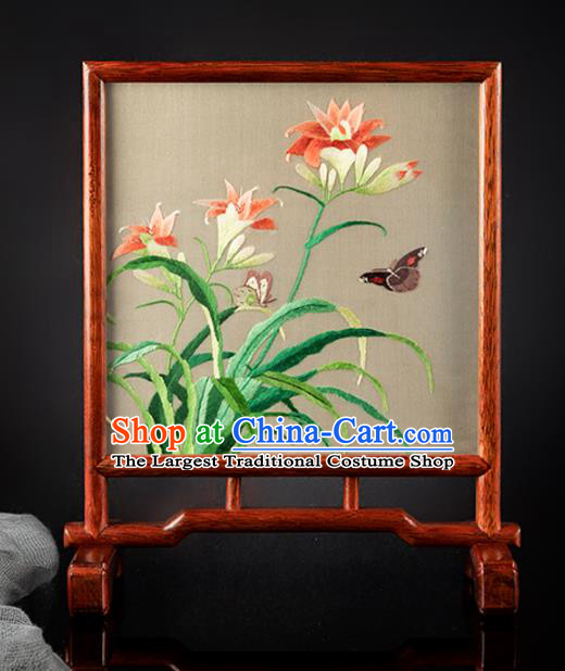 Chinese Handmade Embroidered Silk Craft Merbau Desk Decoration Traditional Hunan Embroidery Orchids Table Screen