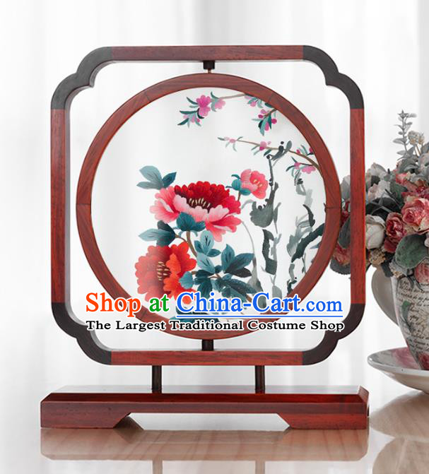 Chinese Traditional Hunan Double Side Embroidery Peony Table Screen Handmade Rosewood Desk Ornament