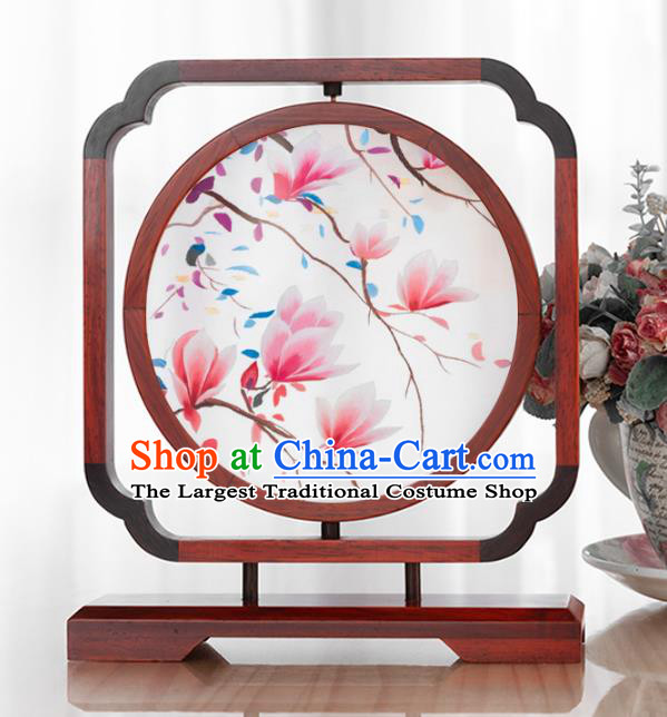 Chinese Handmade Rosewood Desk Ornament Traditional Hunan Double Side Embroidery Mangnolia Table Screen