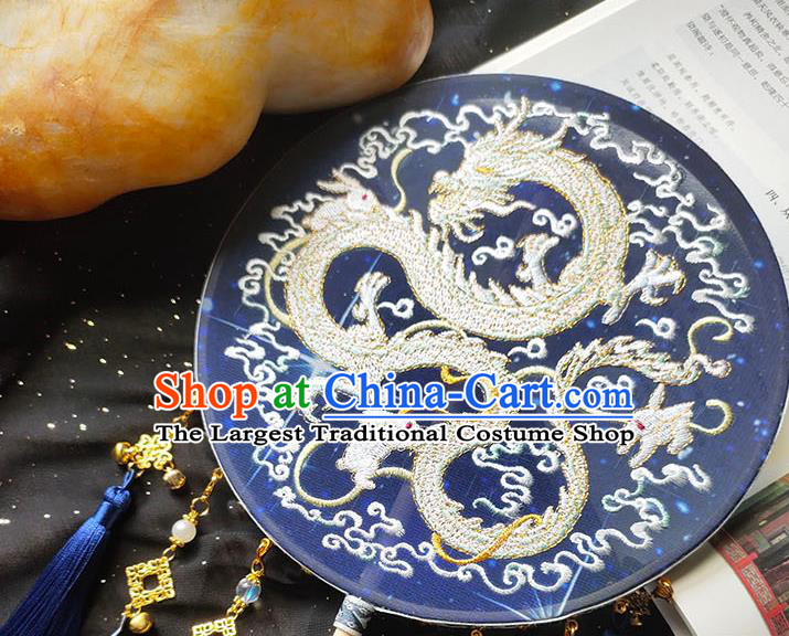 China Embroidery Dragon Blue Silk Palace Fan Traditional Hanfu Fan Handmade Wedding Circular Fan