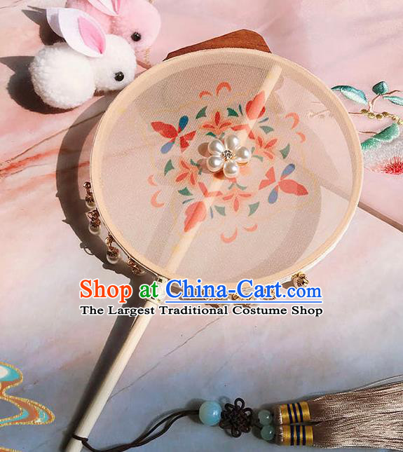 China Ancient Princess Palace Fan Handmade Beige Silk Fan Traditional Hanfu Circular Fan