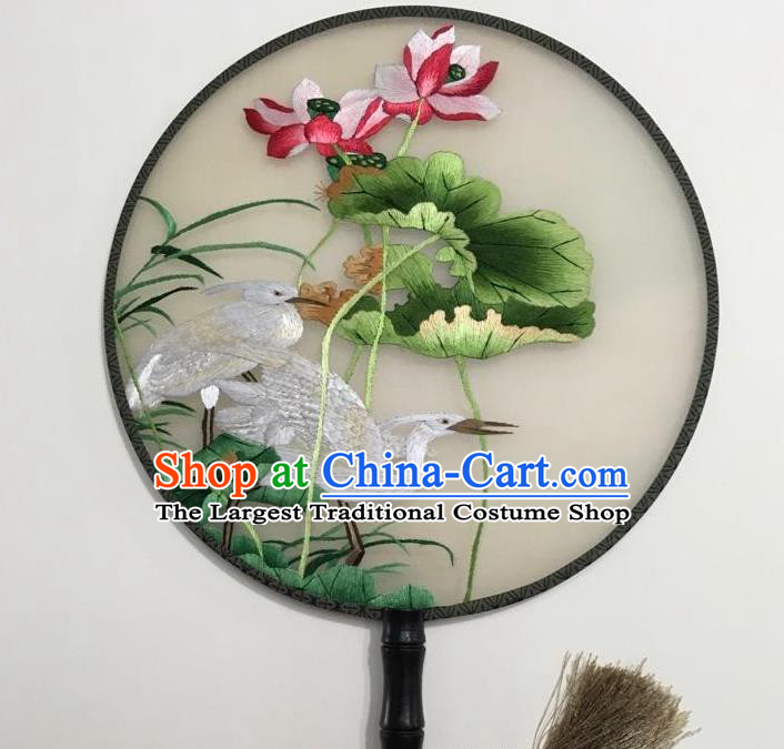 China Suzhou Embroidery Egret Lotus Palace Fan Traditional Hanfu Circular Fan Handmade Beige Silk Fan