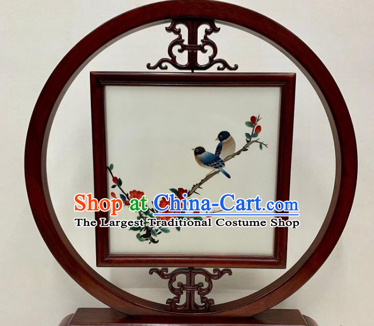 Chinese Embroidered Flowers Bird Table Screen Handmade Palisander Desk Decoration Traditional Embroidery Craft