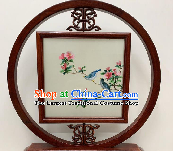 Chinese Handmade Embroidered Peach Flowers Desk Decoration Traditional Palisander Craft Embroidery Silk Table Screen