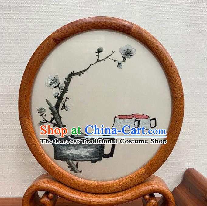 Chinese Embroidered Table Screen Traditional Suzhou Embroidery Plum Tea Silk Craft Handmade Palisander Ornament