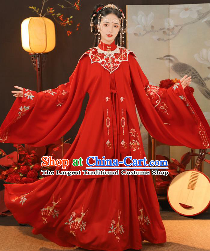 China Ancient Noble Lady Embroidered Red Hanfu Dress Traditional Ming Dynasty Wedding Historical Clothing Full Set