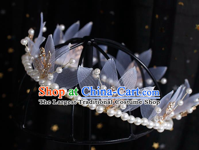 Europe Bride Silk Leaf Royal Crown Elegant Hair Accessories Wedding Princess Pearls Headband