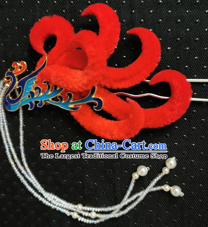 China Ancient Princess Phoenix Tassel Hairpin Handmade Traditional Red Velvet Hair Stick