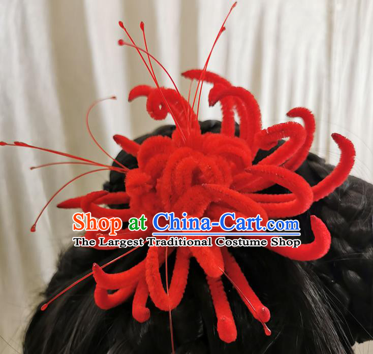 China Handmade Traditional Red Velvet Hair Stick Ancient Princess Red Spider Lily Hairpin