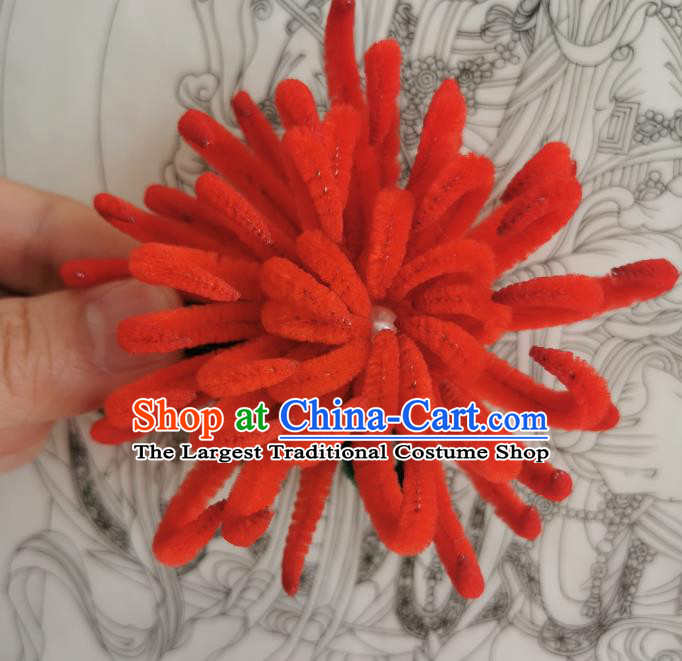 China Handmade Red Velvet Chrysanthemum Hair Stick Traditional Ancient Princess Flower Hairpin