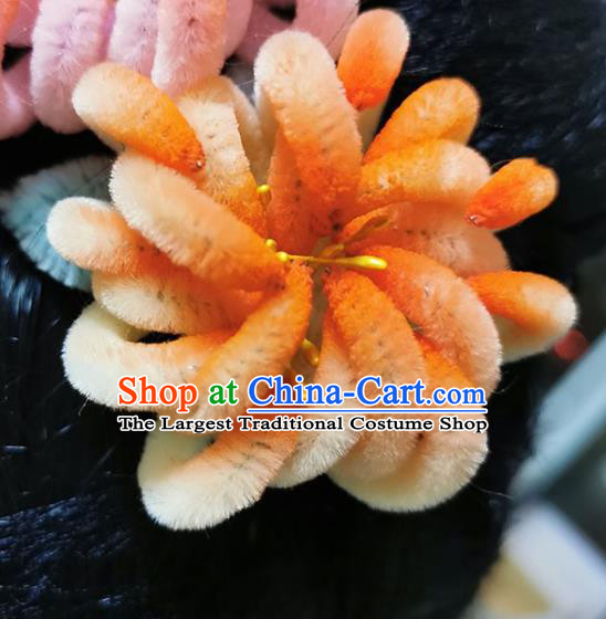 China Traditional Qing Dynasty Princess Hair Accessories Classical Velvet Orange Chrysanthemum Hairpin Handmade Hair Stick
