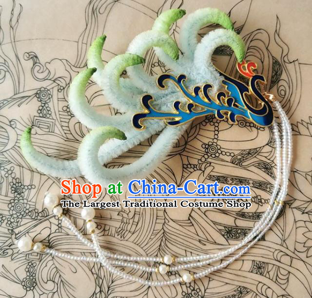 China Handmade Ancient Empress Beads Tassel Hair Stick Traditional Ming Dynasty Green Velvet Phoenix Hairpin