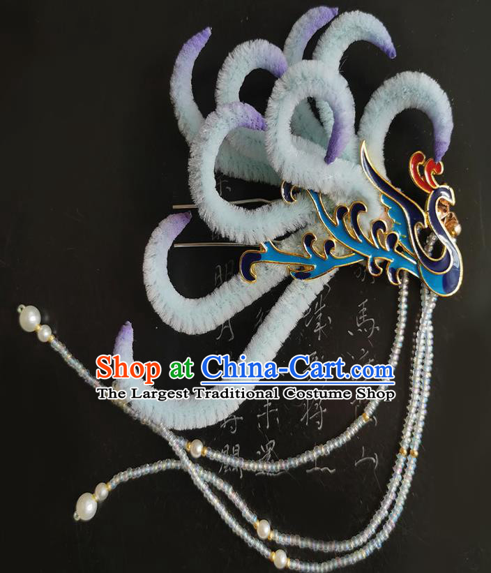 China Handmade Blueing Phoenix Hair Stick Traditional Ancient Ming Dynasty Empress Velvet Tassel Hairpin