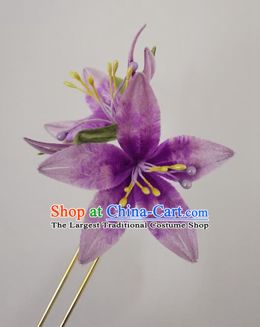 China Classical Hanfu Violet Velvet Hairpin Traditional Ancient Imperial Consort Hair Stick