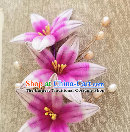 China Handmade Lily Flowers Hair Stick Traditional Hanfu Hair Accessories Classical Purple Velvet Pearls Hairpin