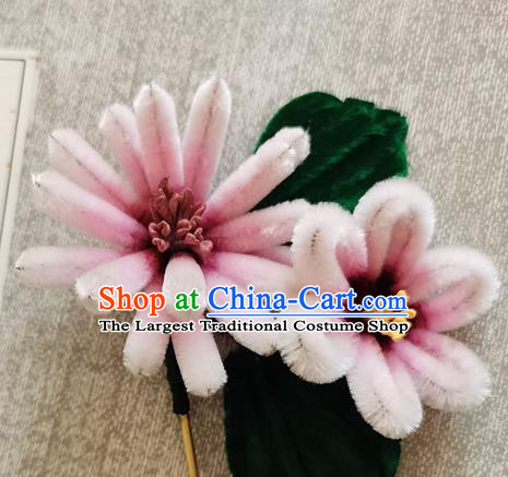 China Classical Hair Stick Handmade Hair Accessories Traditional Pink Velvet Flowers Hairpin