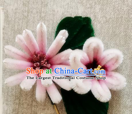 China Classical Hair Stick Handmade Hair Accessories Traditional Pink Velvet Flowers Hairpin