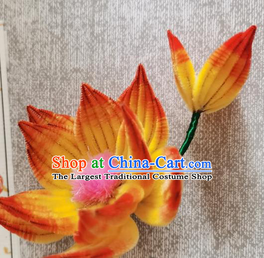 China Classical Velvet Hair Stick Handmade Hair Accessories Traditional Cheongsam Orange Lotus Hairpin