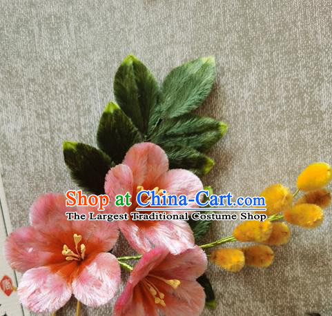 China Handmade Hair Accessories Classical Pink Flowers Hair Stick Traditional Cheongsam Velvet Hairpin