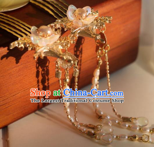 China Classical Hanfu Golden Hairpin Traditional Ming Dynasty Princess Pearls Tassel Hair Combs
