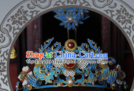 China Ancient Imperial Consort Blueing Phoenix Hair Crown Traditional Qing Dynasty Court Lady Hair Accessories