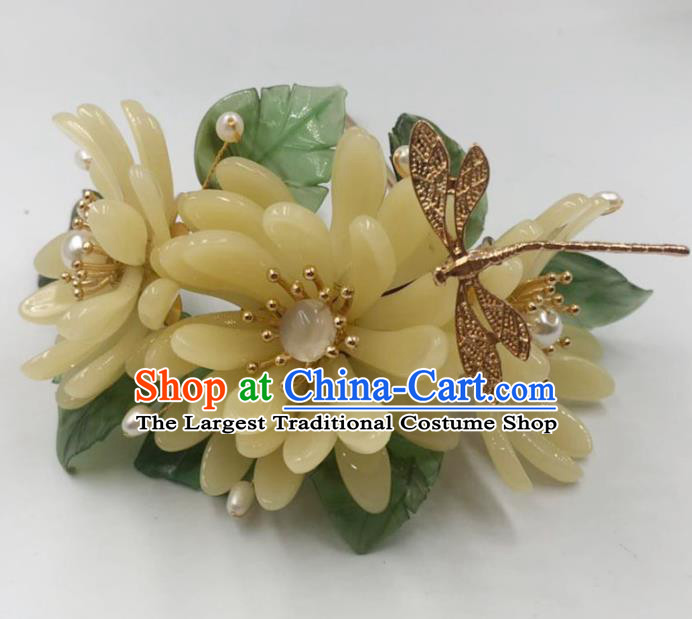 China Ancient Princess Yellow Chrysanthemum Hair Stick Traditional Hanfu Hair Accessories Ming Dynasty Dragonfly Hairpin