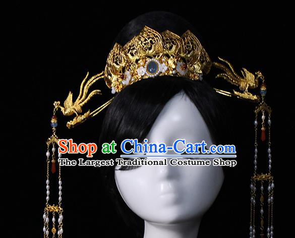 China Traditional Wedding Golden Lotus Hair Crown and Phoenix Hairpins Ancient Queen Hair Accessories