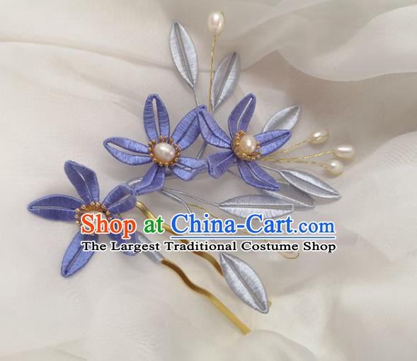 China Ming Dynasty Lilac Silk Flowers Hairpin Traditional Hanfu Hair Accessories Ancient Princess Pearls Hair Comb