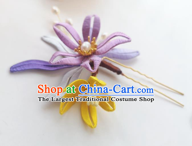 China Ancient Princess Pearls Hairpin Traditional Hanfu Hair Accessories Ming Dynasty Lilac Silk Flowers Hair Stick