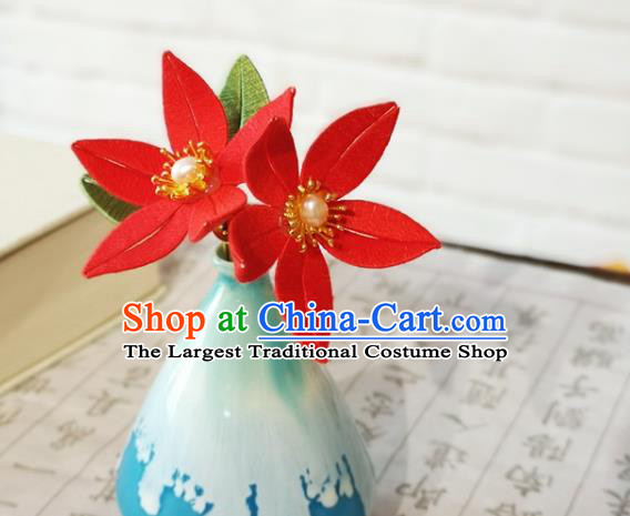 China Ming Dynasty Red Flowers Hair Stick Traditional Hanfu Hair Accessories Ancient Princess Pearl Hairpin