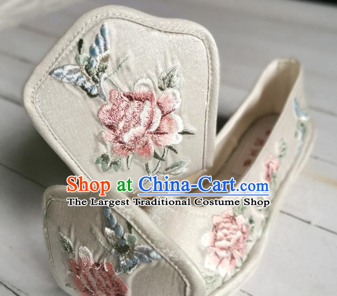 Handmade Chinese Han Dynasty Princess White Satin Shoes Traditional Hanfu Shoes Embroidered Peony Shoes