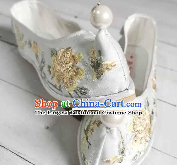 Handmade Chinese Light Blue Satin Bow Shoes Embroidered Shoes Traditional Hanfu Shoes Ancient Princess Shoes