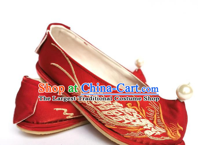 Handmade Chinese Wedding Red Satin Bow Shoes Embroidered Phoenix Shoes Traditional Hanfu Princess Shoes