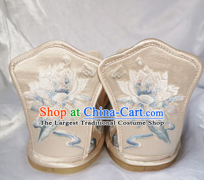 Handmade Chinese Embroidered Epiphyllum Shoes Light Golden Satin Shoes Traditional Han Dynasty Princess Shoes