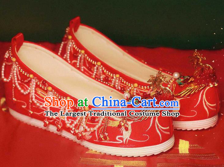Handmade Chinese Ancient Princess Shoes Traditional Hanfu Red Satin Shoes Embroidered Phoenix Shoes