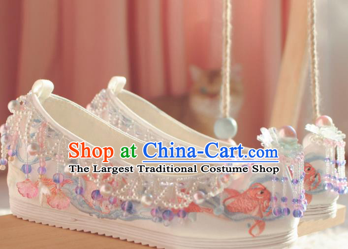 Handmade Chinese Traditional Hanfu White Shoes Embroidered Fish Shoes Ancient Princess Shoes