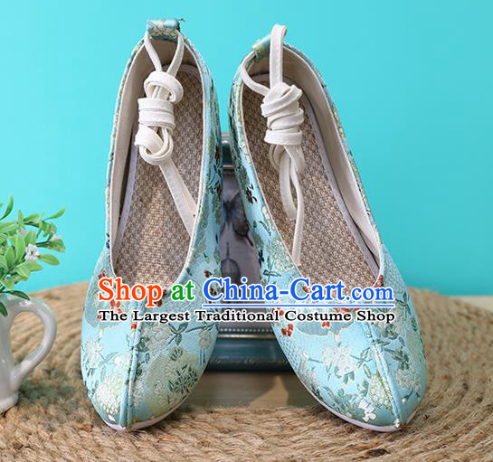 Chinese Hanfu Shoes Traditional Ming Dynasty Princess Shoes Classical Blue Brocade Shoes