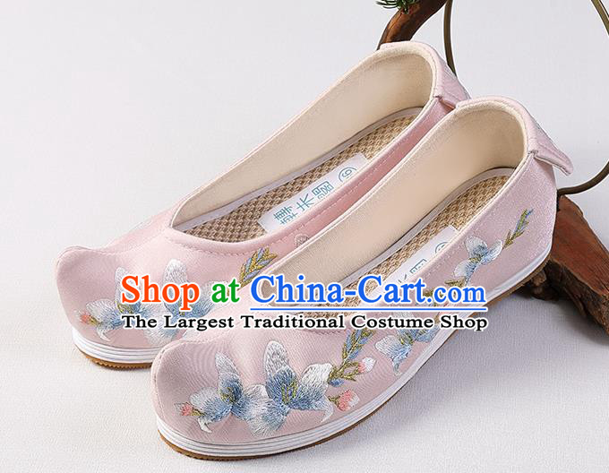 Chinese Handmade Embroidered Mangnolia Pink Shoes Traditional Ming Dynasty Princess Shoes