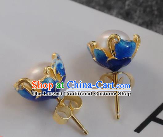 China National Pearl Earrings Traditional Cheongsam Blueing Lotus Ear Accessories