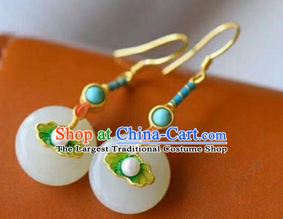 China Traditional Jade Peace Buckle Ear Jewelry Accessories National Cheongsam Enamel Lotus Leaf Earrings