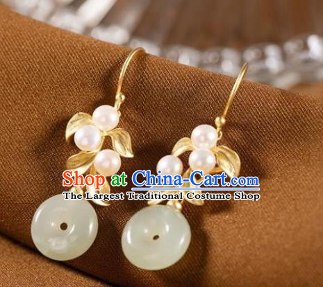 China Traditional Jade Peace Buckle Ear Jewelry Accessories National Cheongsam Golden Leaf Earrings