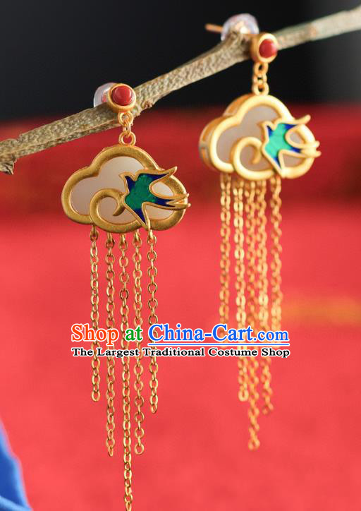 China Traditional Blueing Swallow Ear Jewelry Accessories Classical Cheongsam Golden Tassel Jade Earrings