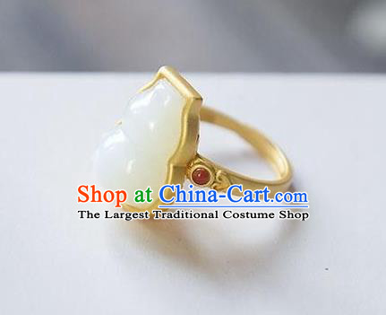 Chinese Classical National Golden Circlet Handmade Jewelry Accessories Jade Gourd Ring