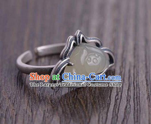 Chinese National Silver Lotus Ring Handmade Jewelry Accessories Classical Jade Circlet