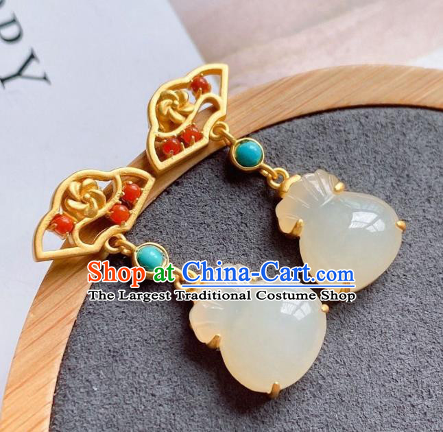 China Traditional Golden Ear Jewelry Accessories National Cheongsam Chalcedony Lucky Bag Earrings